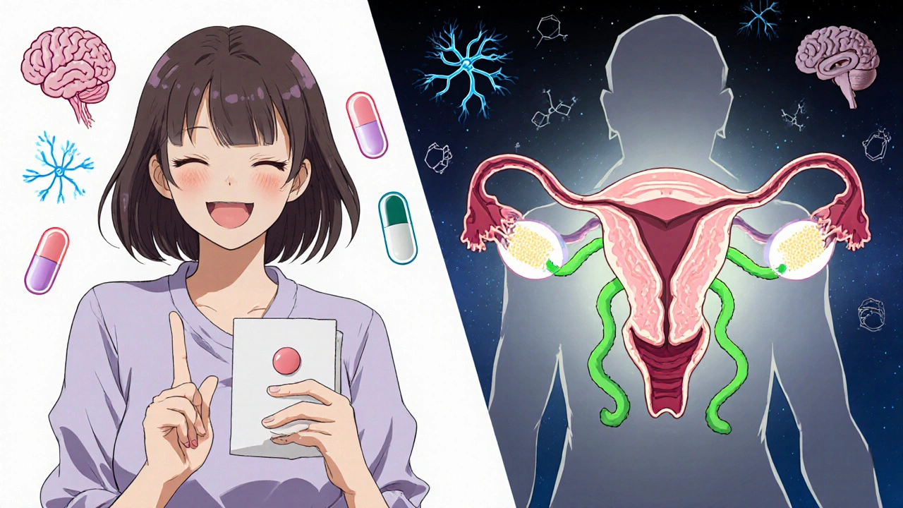 A woman holds a positive pregnancy test while a transparent uterine scene shows a thriving embryo, contrasted with a fading old progestin pill.