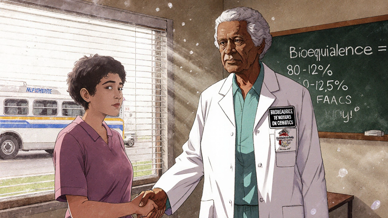 An experienced nurse comforts a new member in a rural health center, sunlight streaming through blinds.