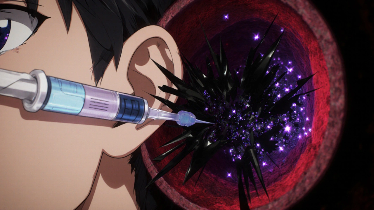 Chemotherapy drip sending destructive sound waves into the inner ear, shattering hair cells.