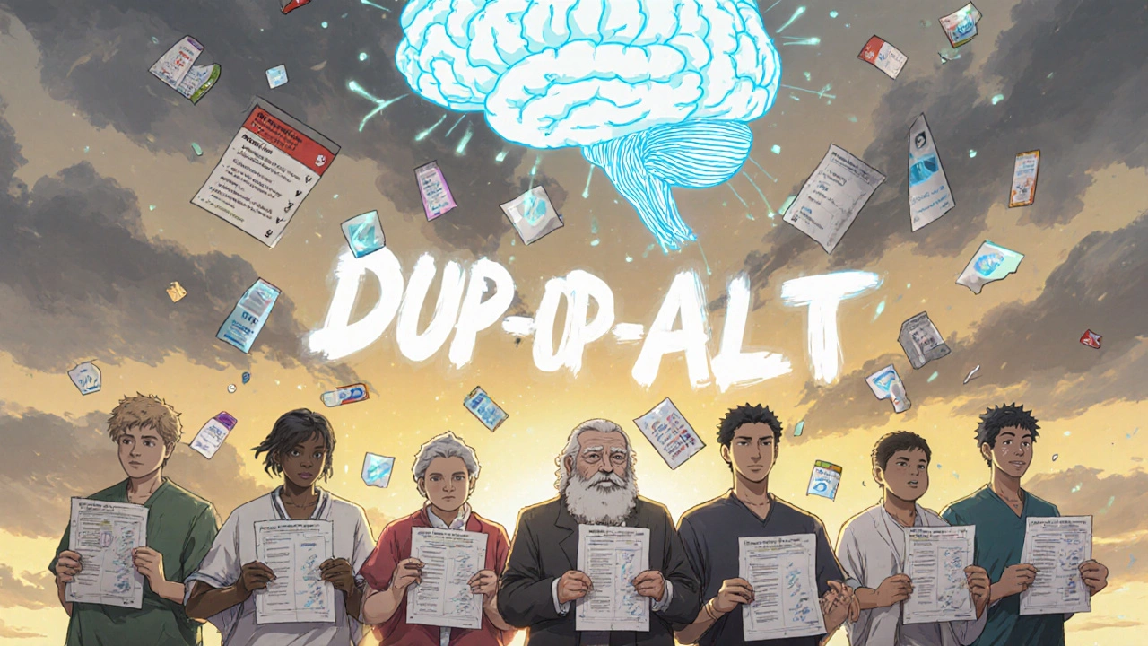 Diverse patients holding medication lists connected to an AI brain analyzing drug risks