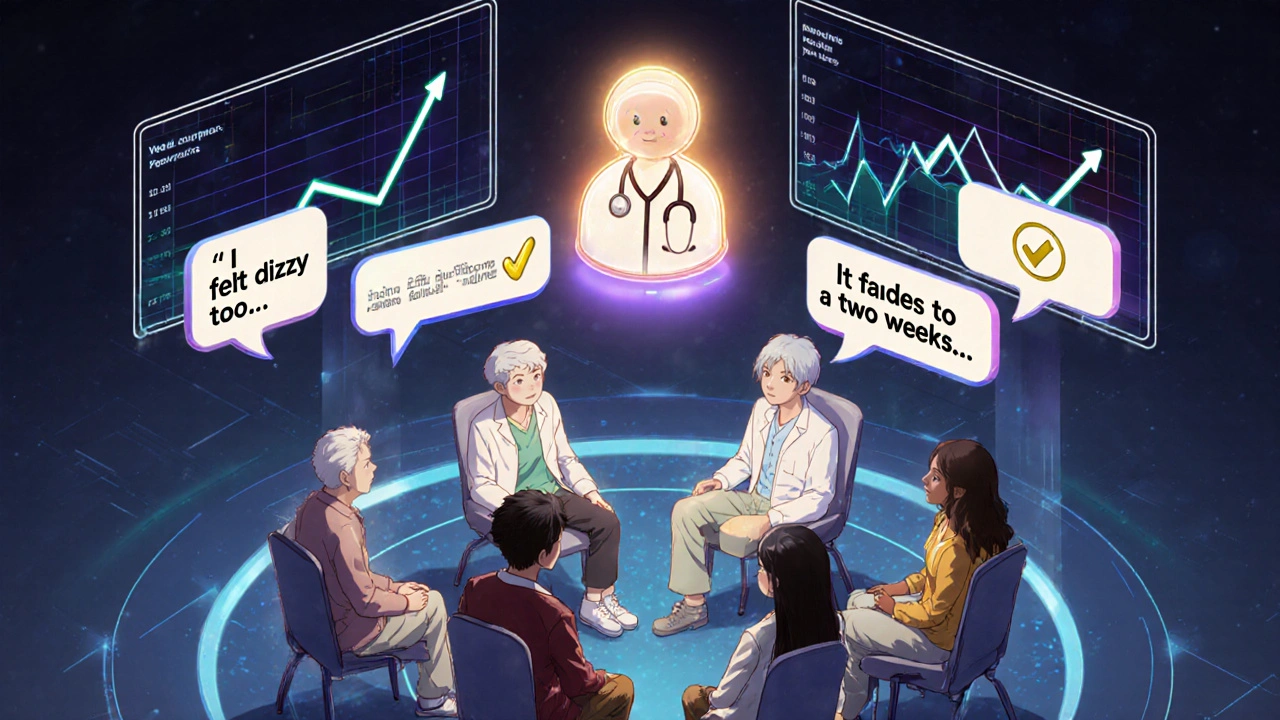 Diverse patients in a digital support group with a pharmacist verifying stories using glowing checkmarks.