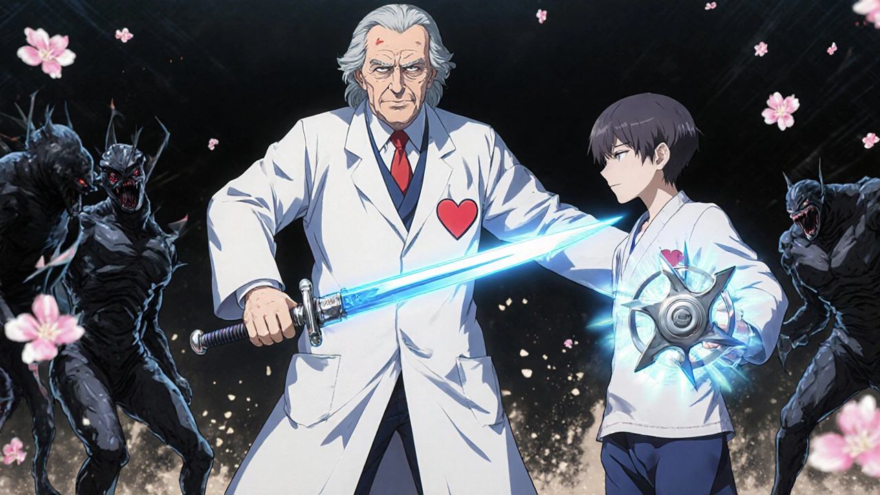 Doctor and patient in a medical dojo using symbolic weapons to defeat LDL cholesterol monsters.