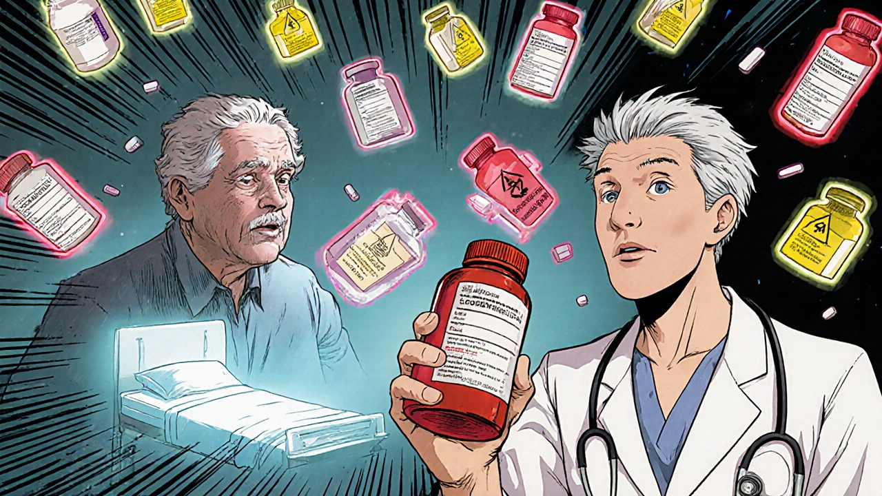 Doctor holds up a blood thinner bottle as warning labels float around.