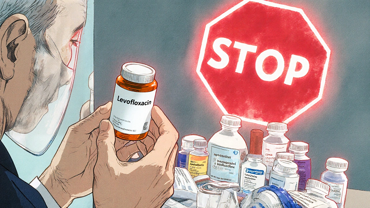 Elderly man holding fluoroquinolone pill bottle, reflection shows his younger self with safer alternatives behind.