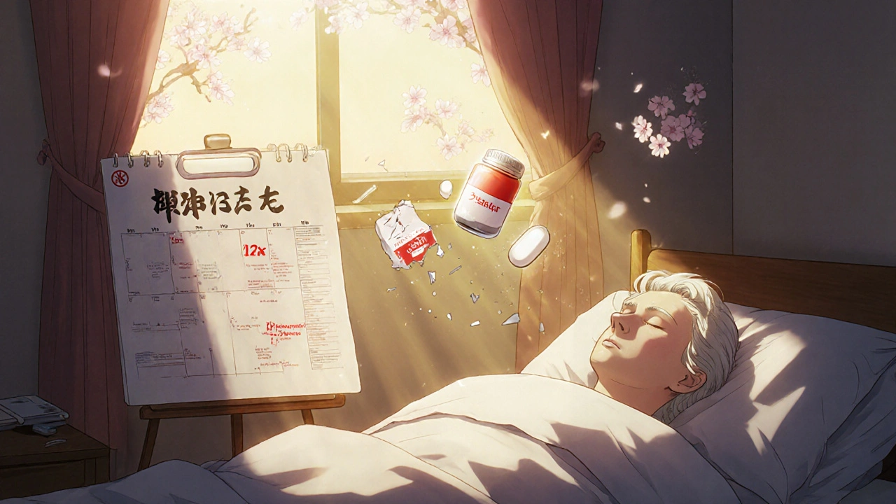 Elderly man sleeping peacefully as mirtazapine pill glows above broken SSRI bottle, cherry blossoms drifting in.