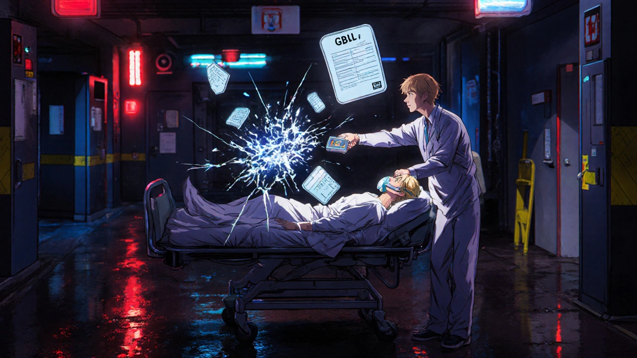 ER patient blocks credit card request with a legal shield as credit reports shatter in the background.