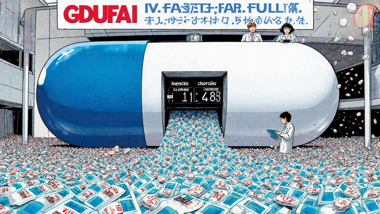 Giant FDA pill-shaped building receiving thousands of generic drugs, approval counters rising.