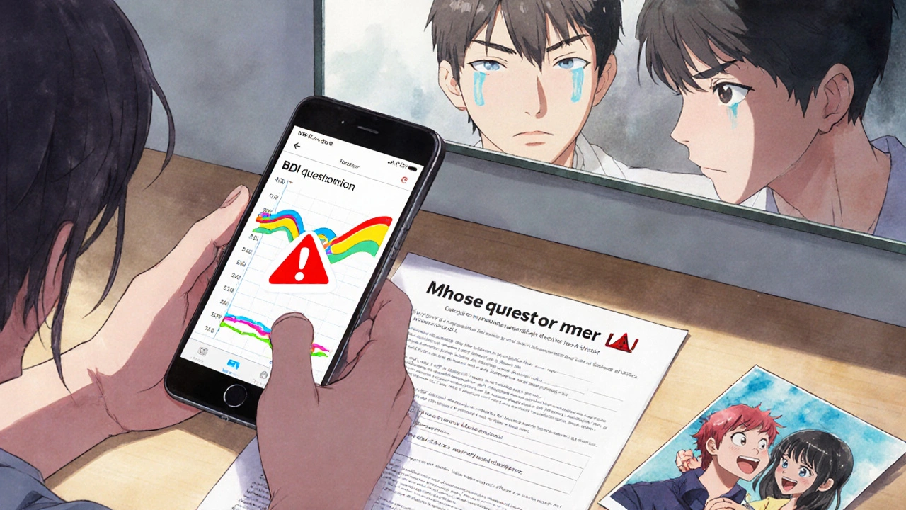 Hand placing phone next to depression inventory, mirror reflecting emotional contrast.