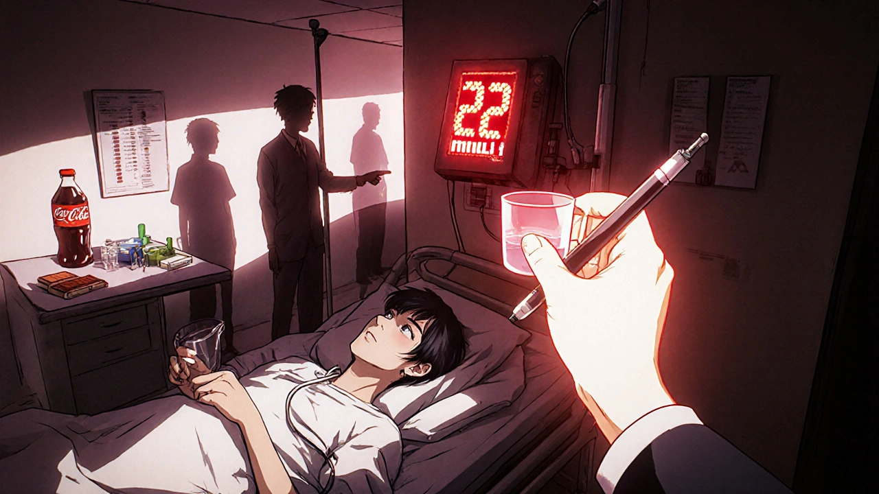 Hospital emergency scene with high ketone reading, past mistakes in background, and correct action in foreground.