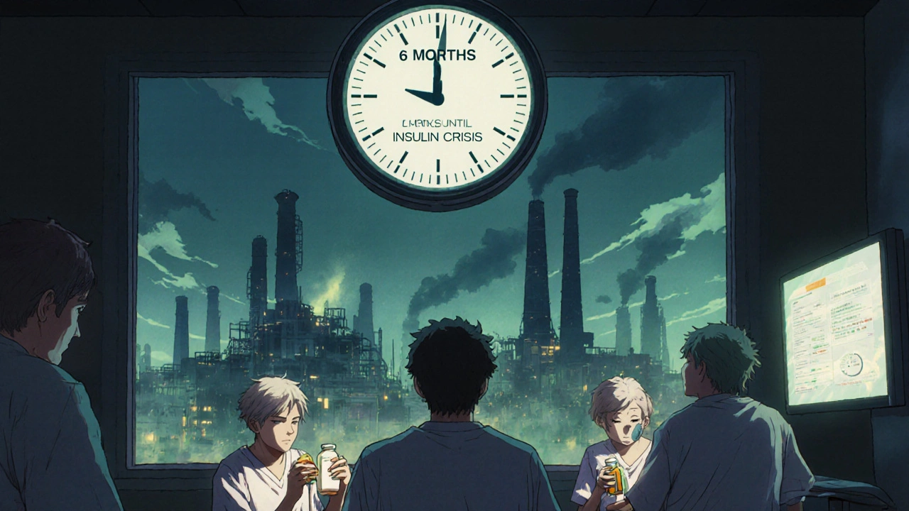Hospital scene with patients holding empty pill bottles and a countdown clock to an insulin crisis.