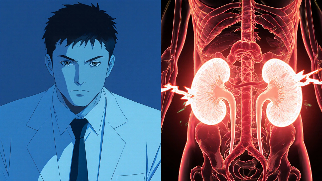 Internal view of metformin accumulating in damaged kidneys with warning red waves