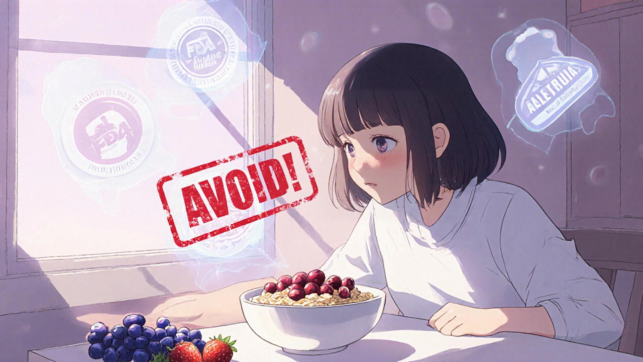 Patient hesitating over oatmeal with cranberries, ghostly warning labels floating above, safe fruits glowing nearby.