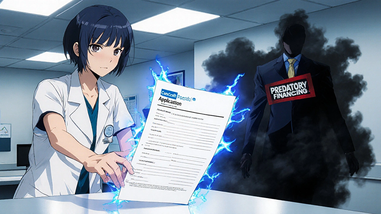 Patient pulls away from a medical financing application, protected by a glowing barrier.