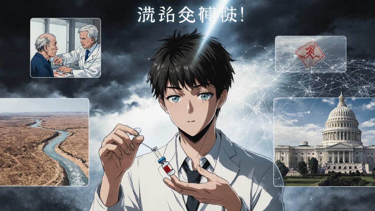 Pharmacist giving last vial of levothyroxine as overlays show drought, retired workers, and funding signs.