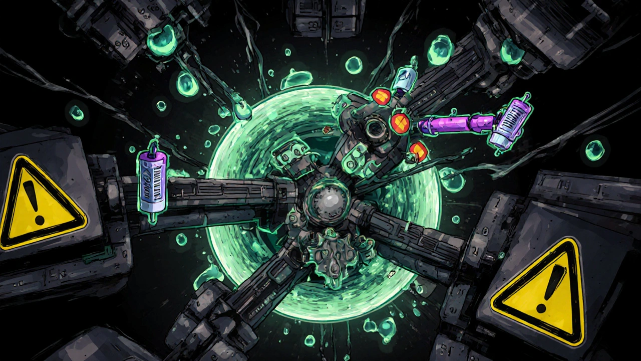 Ribosome assembly line jammed by antibiotic molecules inside a bacterial cell.