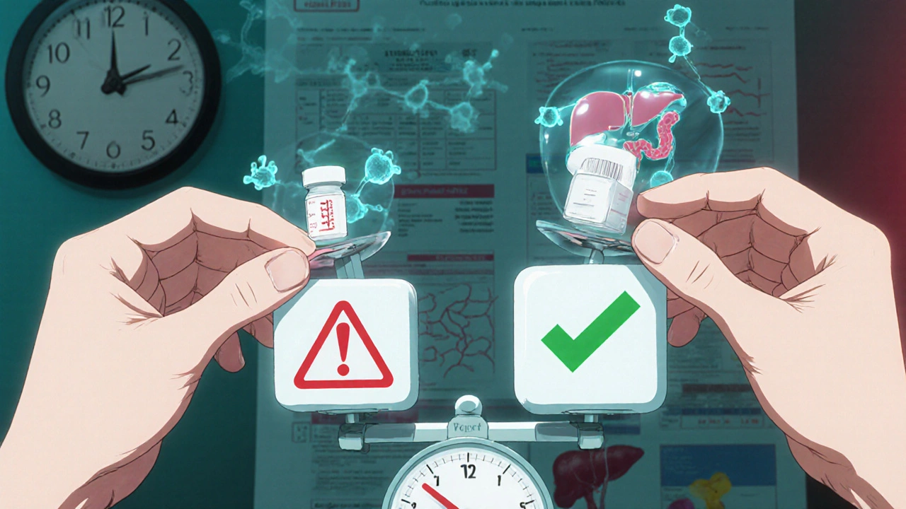 Scale comparing high-dose statin versus combined moderate statin and ezetimibe with molecular visuals.