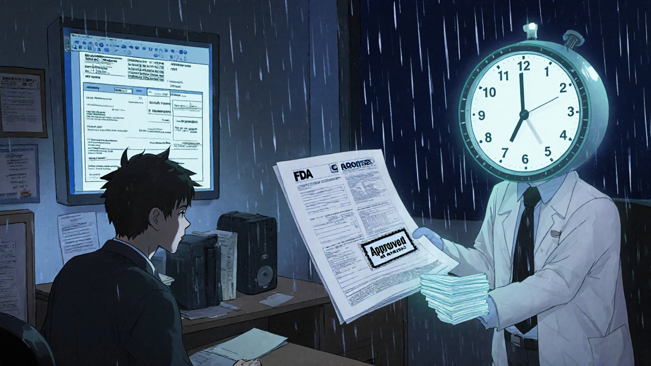 Small business owner at desk overwhelmed by fee breakdown, FDA inspector granting approval.