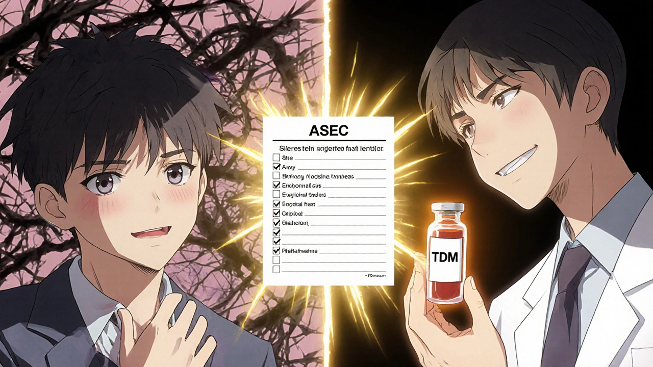 Split image showing side effects vs. therapeutic blood test with glowing checklist.