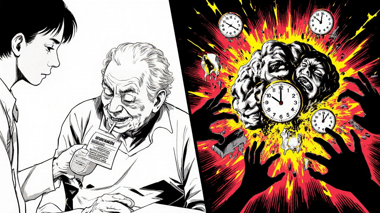 Split scene: doctor prescribing antibiotic vs. patient experiencing vivid hallucinations in their mind.