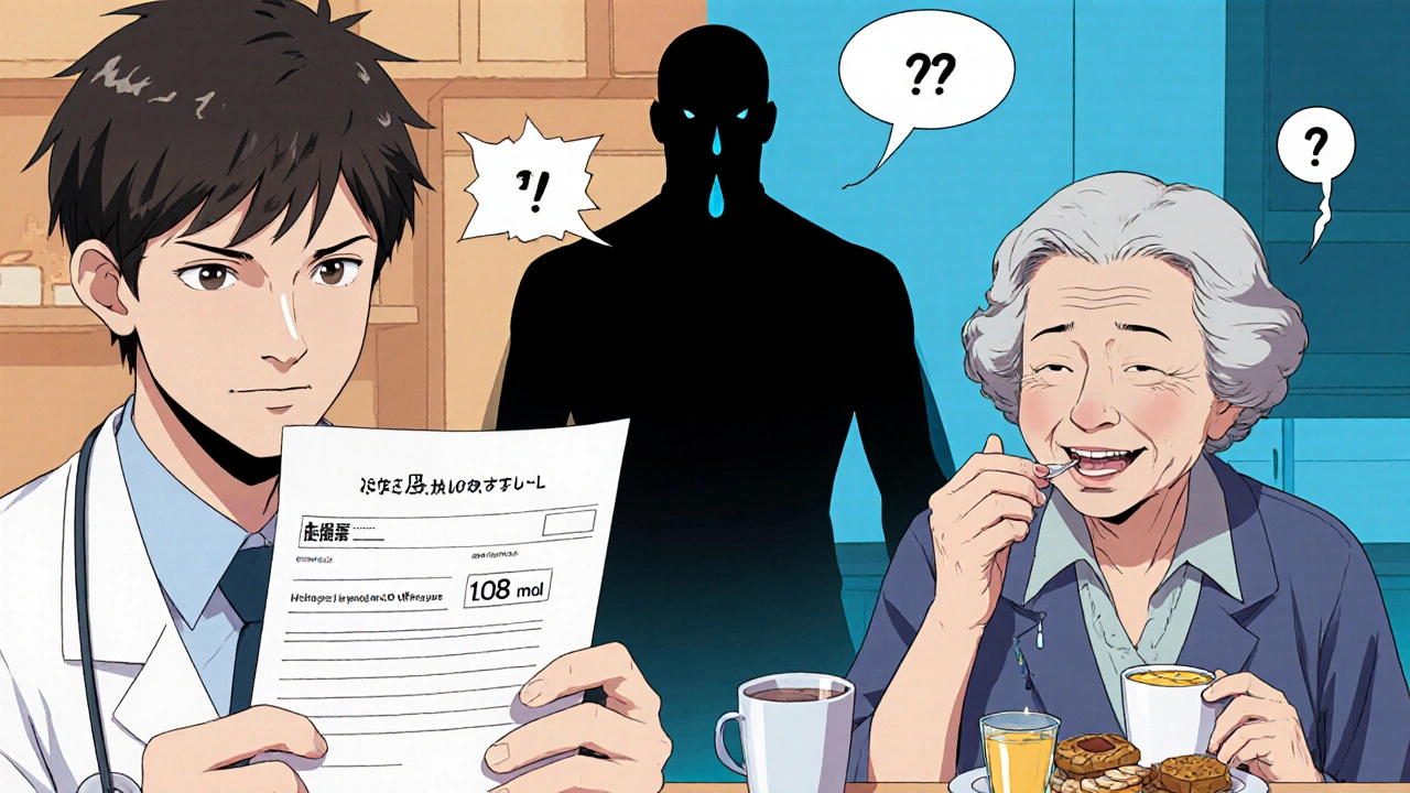 Split scene: elderly woman taking SSRI pill while doctor holds alarming blood test, shadowy water droplet looming between.