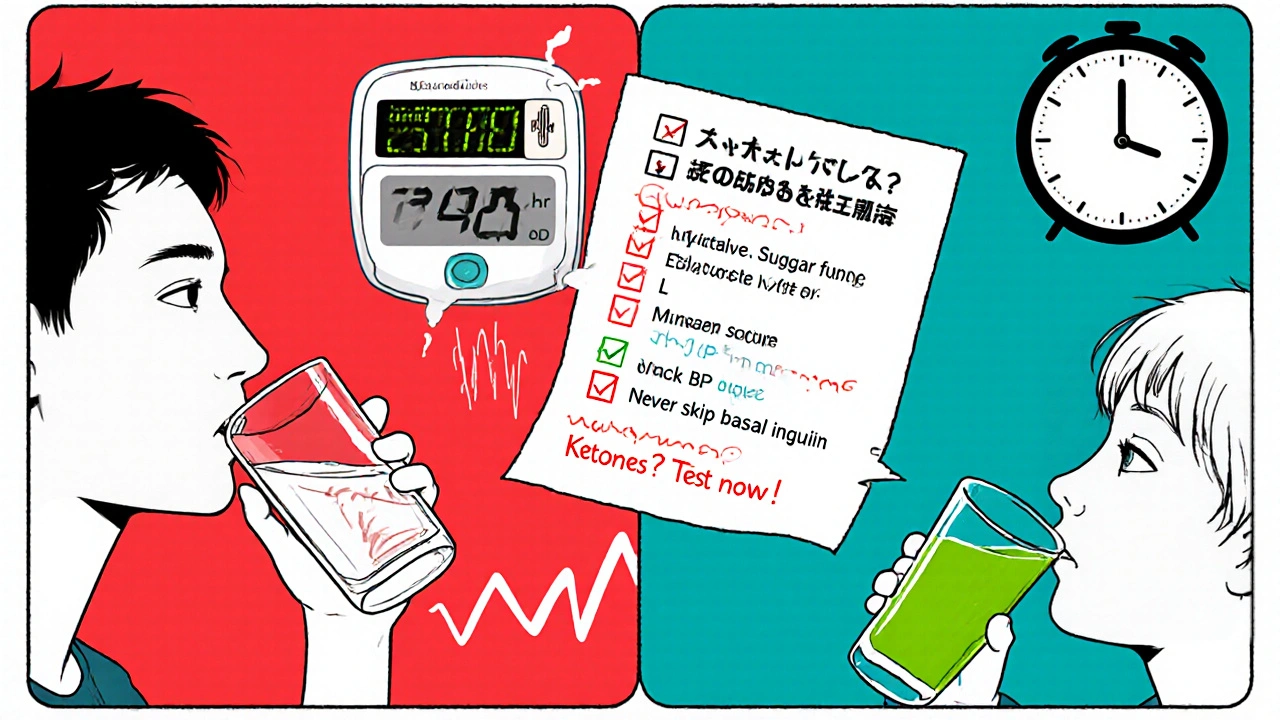 Split scene showing proper fluid intake based on blood sugar levels, with checklist and monitoring devices.