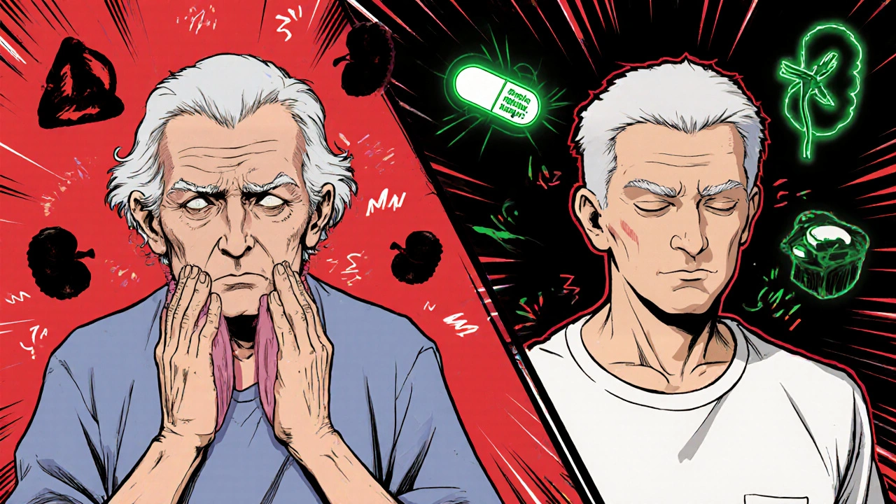 Split scene showing the contrast between risk and safety for metformin users before a scan.