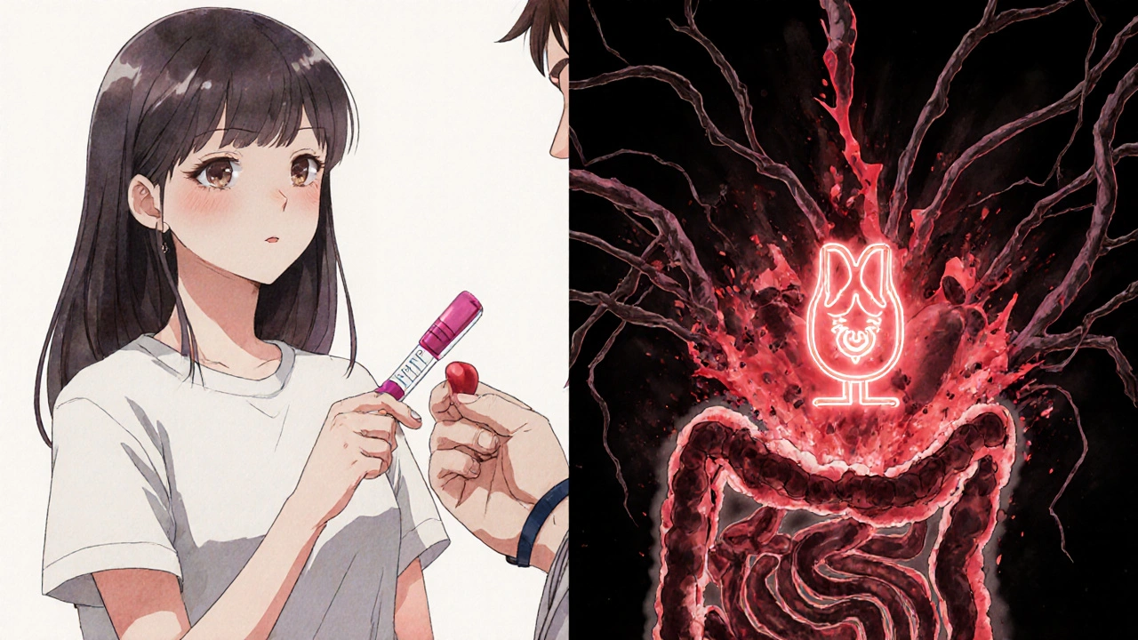 Woman holding cranberry capsule as internal bleeding erupts, contrasting normal and dangerous blood flow.