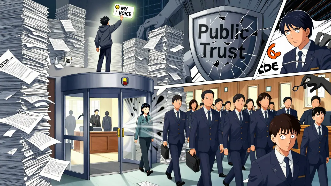 A lone citizen holds up their voice against a spinning revolving door of regulators moving between government and industry.