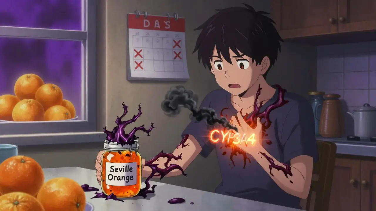 A patient being drained by dark energy from Seville orange marmalade, while safe sweet oranges glow nearby.