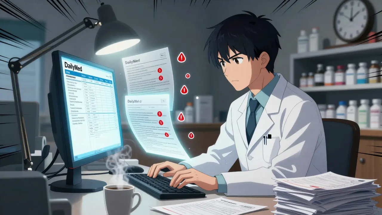 A pharmacist reviews an official FDA drug label on DailyMed late at night with intense focus.