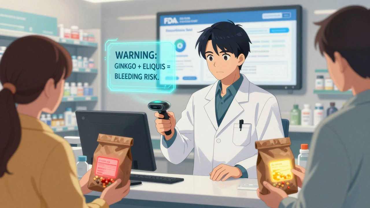 A pharmacist scanning a supplement bottle with digital interaction warnings visible.