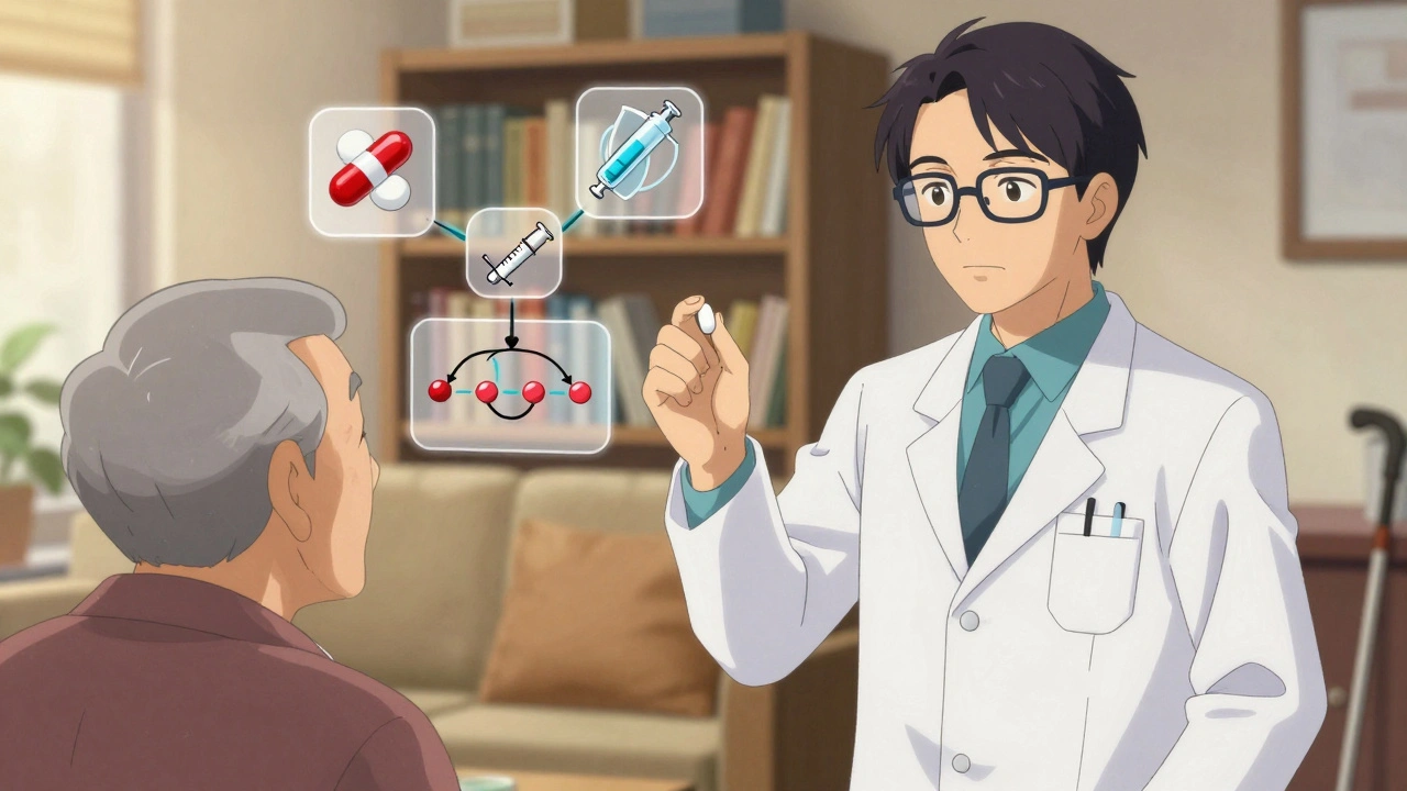 A pharmacist shows an elderly man how multiple medications can be combined into one daily pill, with visual icons fading away.