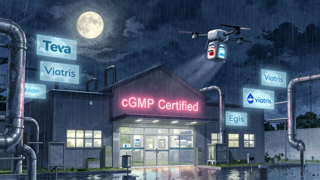 A quiet contract manufacturing plant at night with holographic client logos and a delivery drone taking off in the rain.