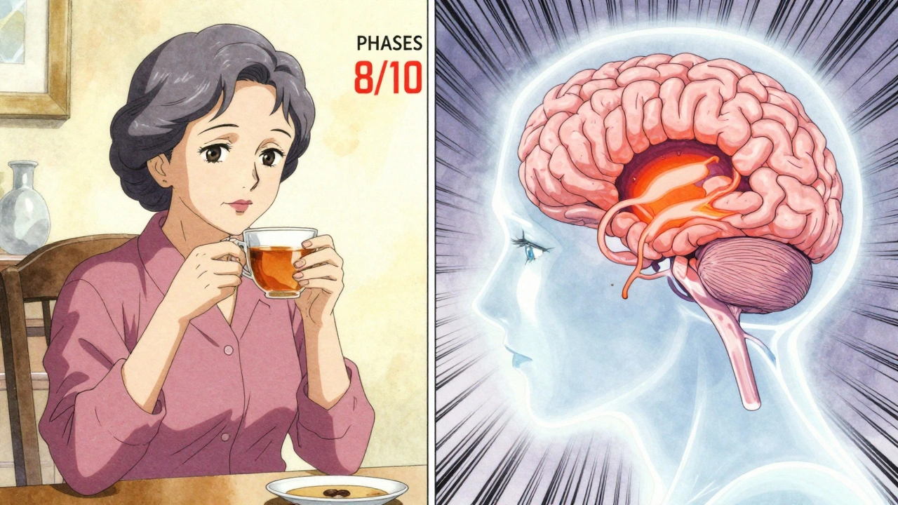 A woman at home with a ghostly aneurysm visible in her brain, floating PHASES score showing high rupture risk.