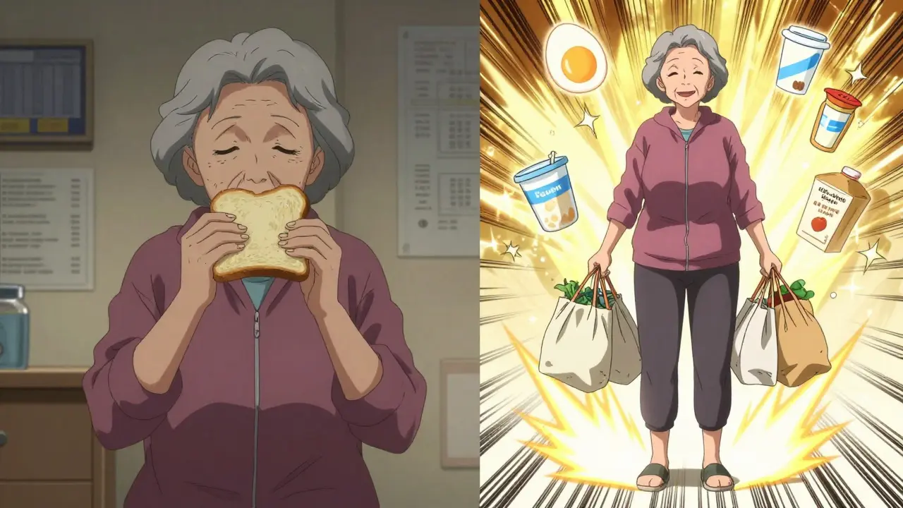 A woman transitioning from weakness to strength, with protein-rich foods and glowing energy around her.