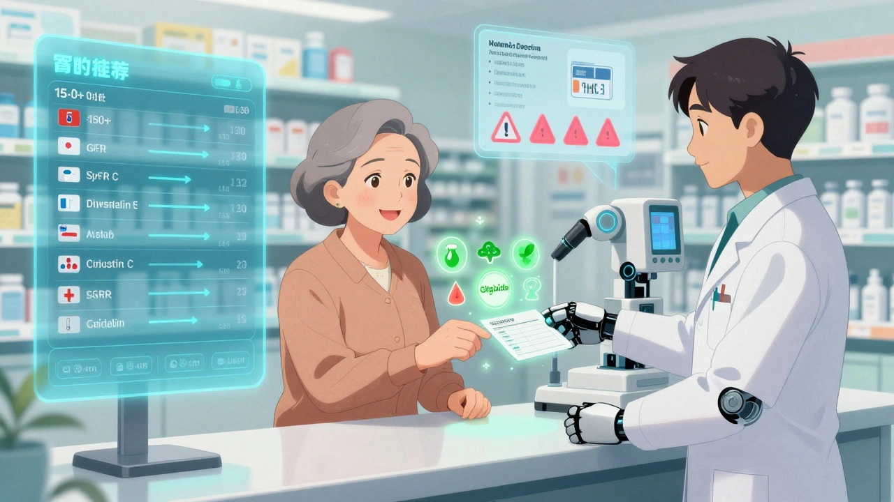 AI-powered dosing system recommending safe medication adjustments for elderly patients in a pharmacy setting.