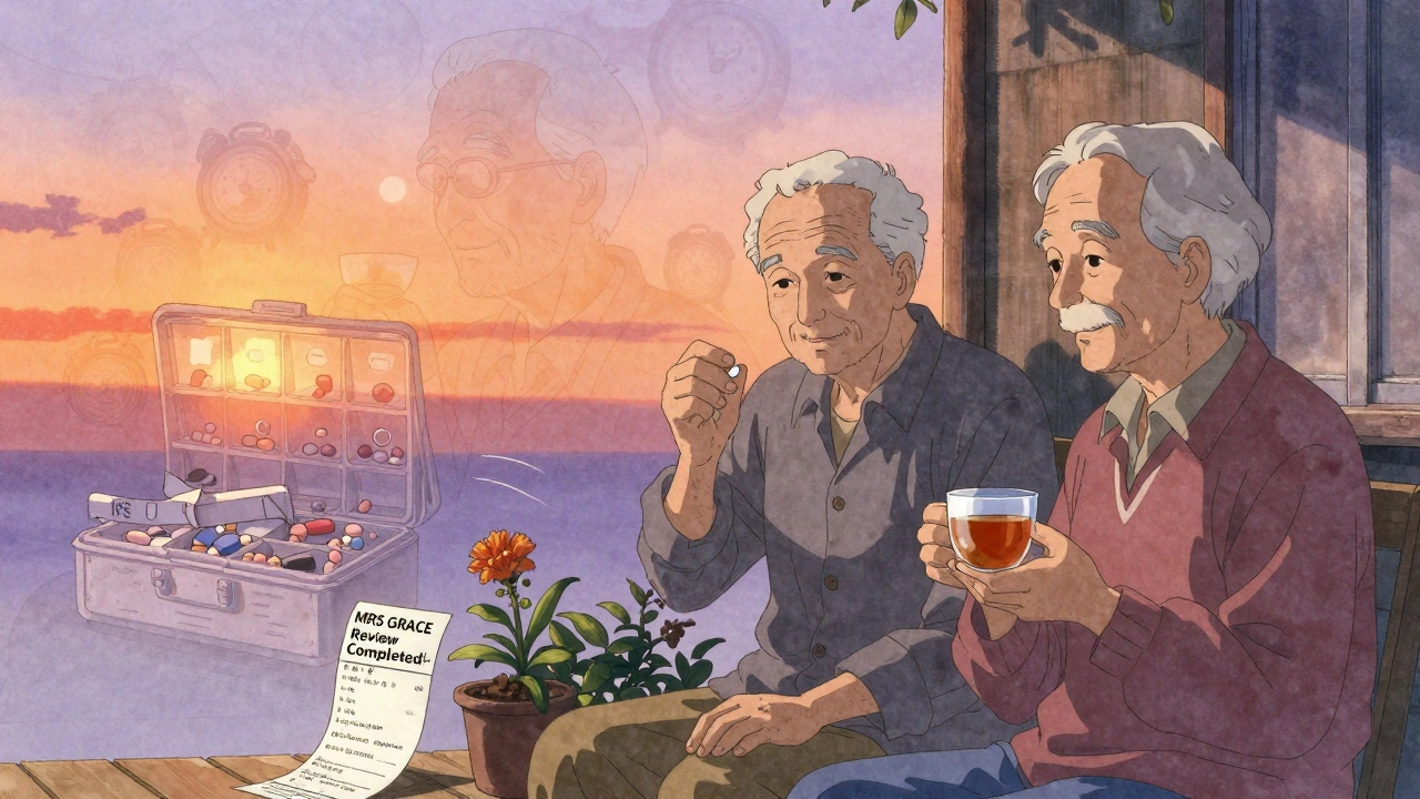 An elderly man smiles while taking his single daily pill on the porch at sunset, surrounded by fading images of his old complex routine.