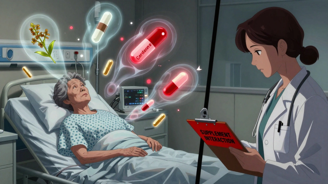 An elderly woman in hospital with ghostly images of interacting supplements above her.