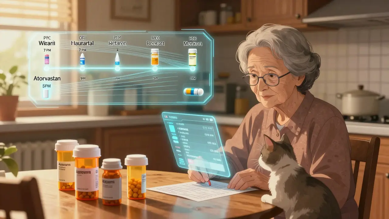 An elderly woman with a glowing timeline showing correct medication times, guided by a digital app scanning her prescription labels.