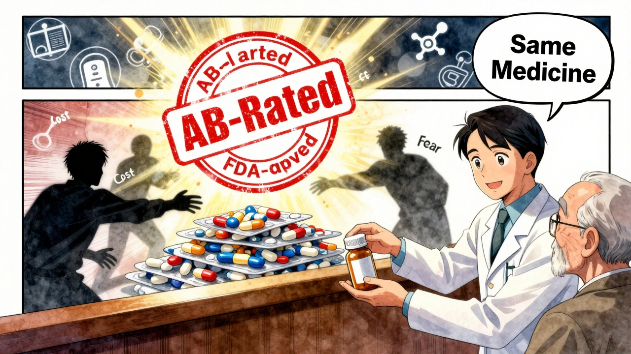 An FDA-approved stamp protects generic pills from shadowy forces, as a pharmacist reassures an elderly patient with trust.