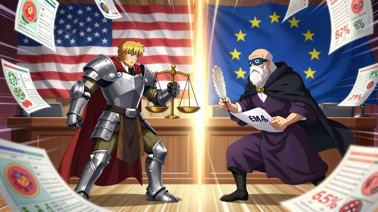 Anthropomorphic FDA and EMA figures debating clinical evidence with floating data charts in anime style.