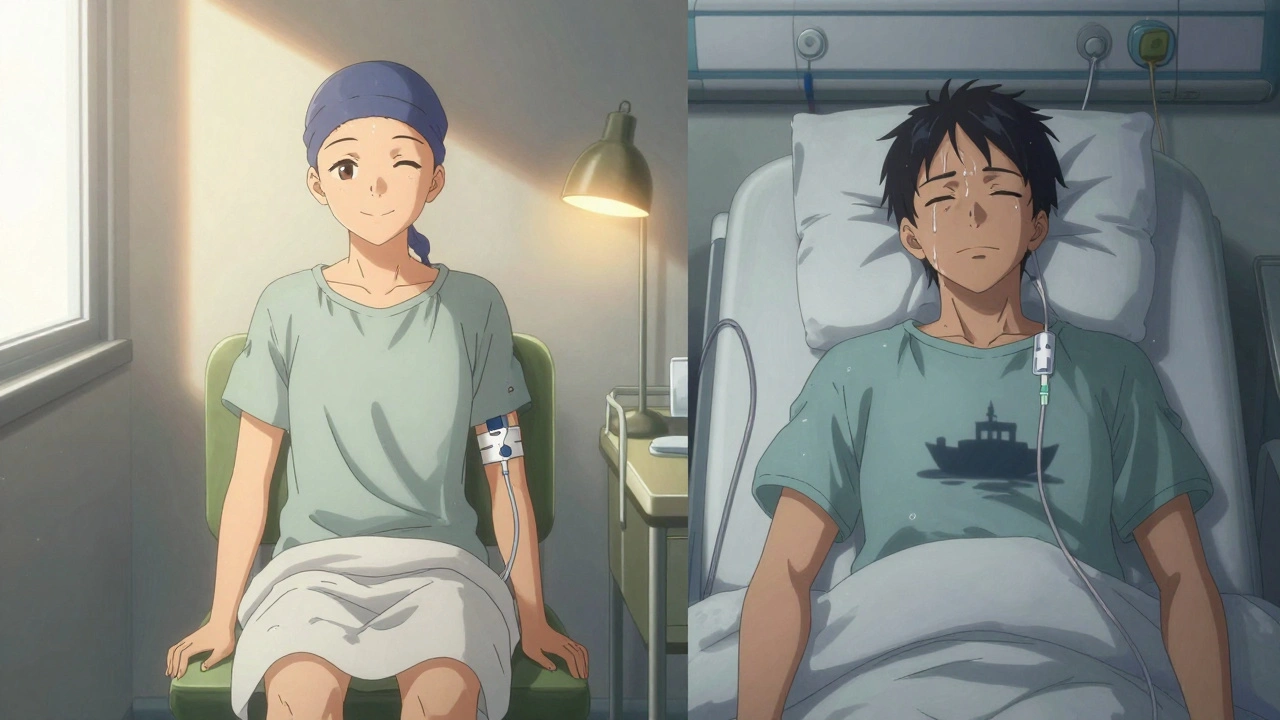 Cancer patient draining fluid at home vs. hospital pleurodesis in manga split scene