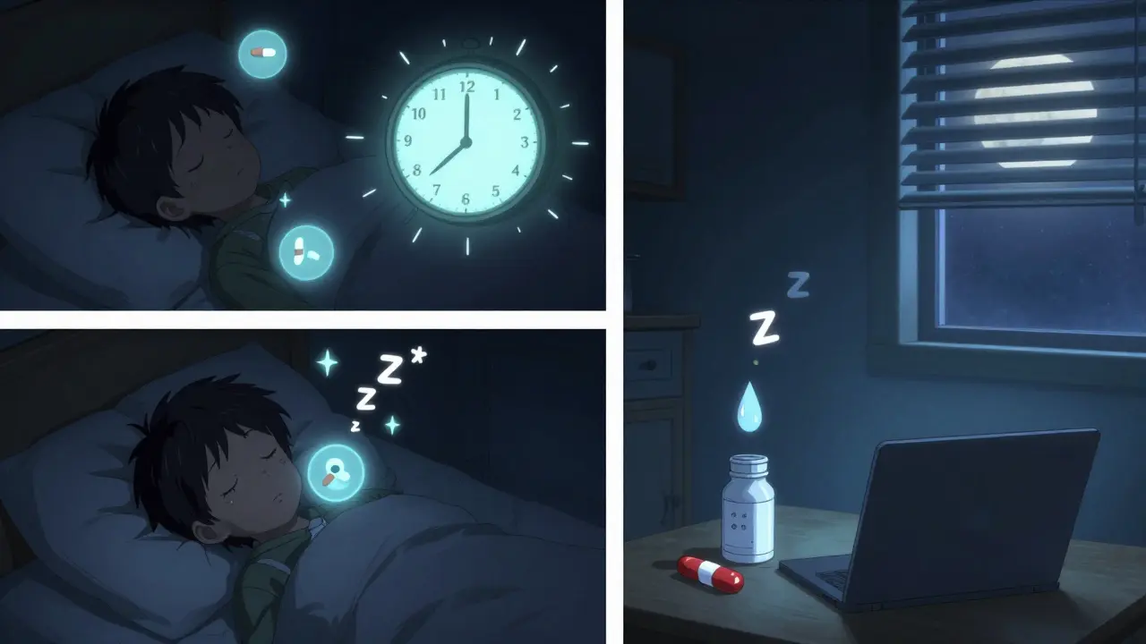 Child awake at night with floating medication pills and melatonin capsules nearby.