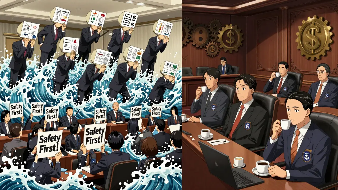 Citizens' voices are drowned out by corporate lobbyists as regulators cozy up to industry insiders in a luxurious room.