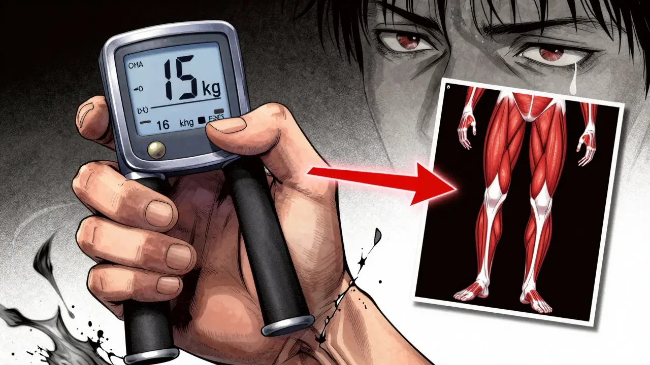 Close-up of a low handgrip strength reading with fading muscle fibers, symbolizing sarcopenia.