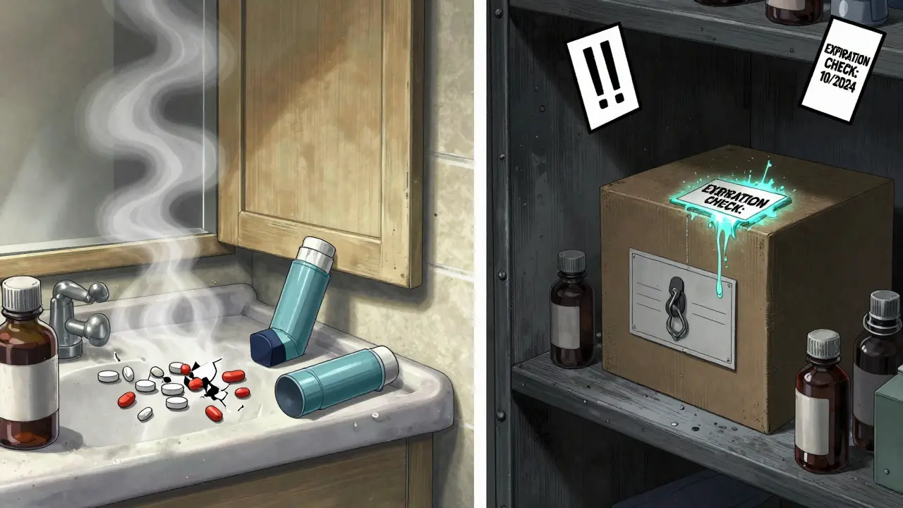 Contrasting bathroom humidity damaging medicines vs. a secure, dry storage closet with intact pills.