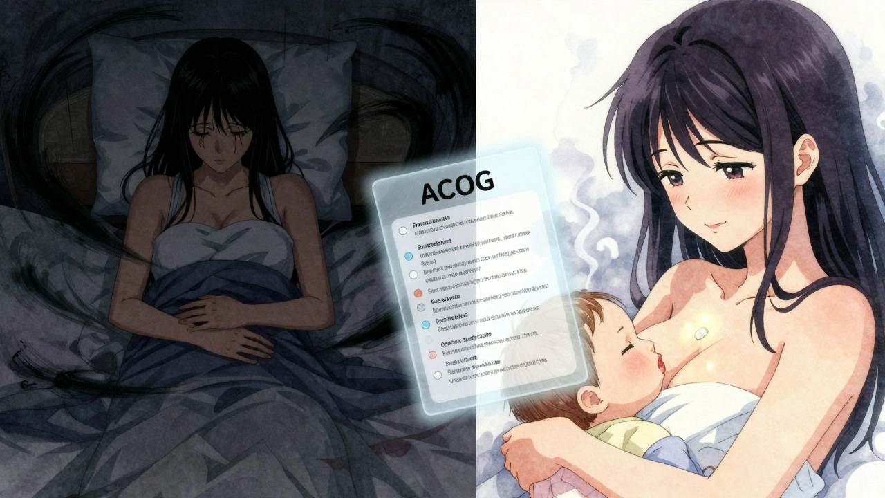 Contrasting scenes: woman in darkness vs. breastfeeding with glowing pill, symbolizing mental health choices.