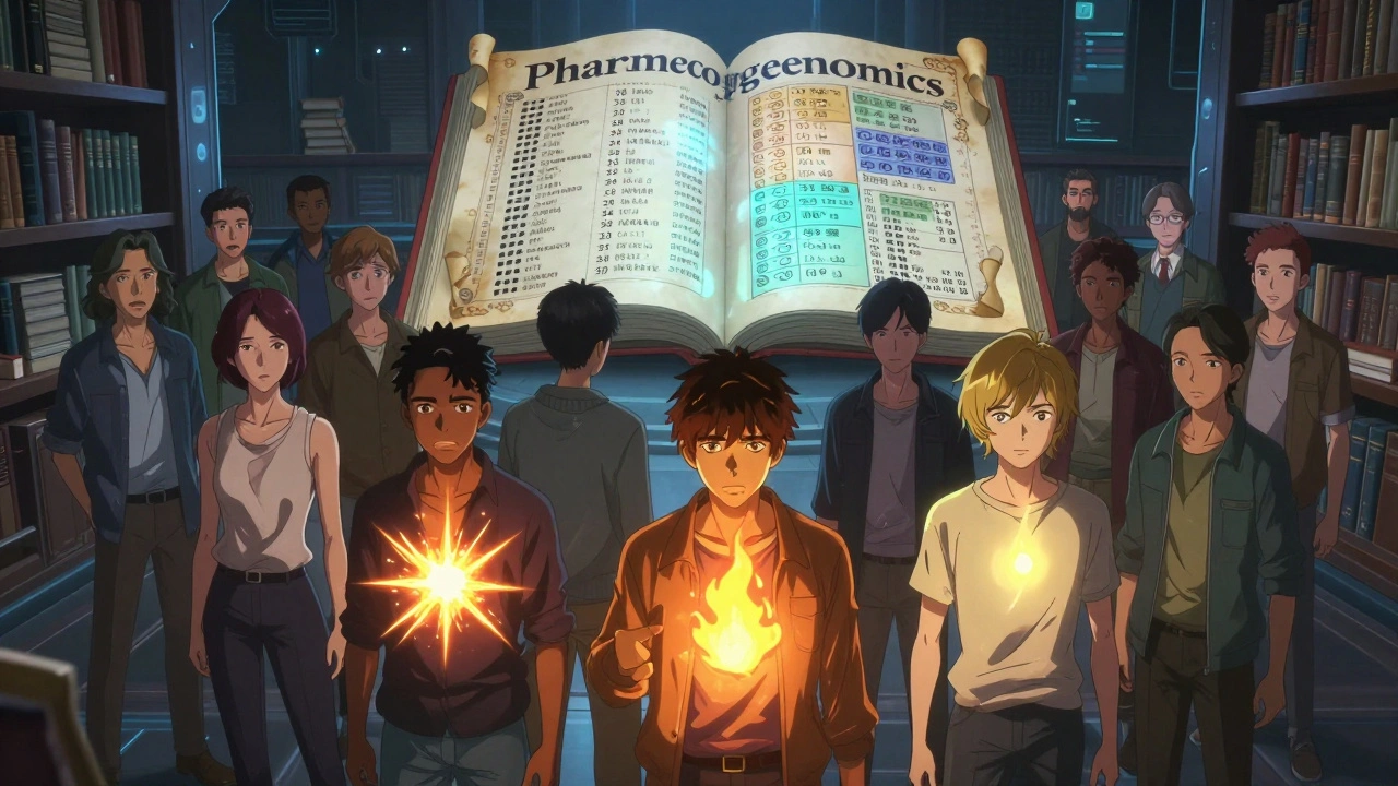 Diverse people with different genetic auras, surrounded by a glowing pharmacogenomics chart in manga style.