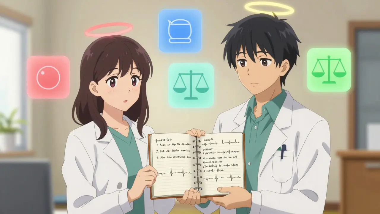 Doctor and parent reviewing health journal with color-coded medication icons.