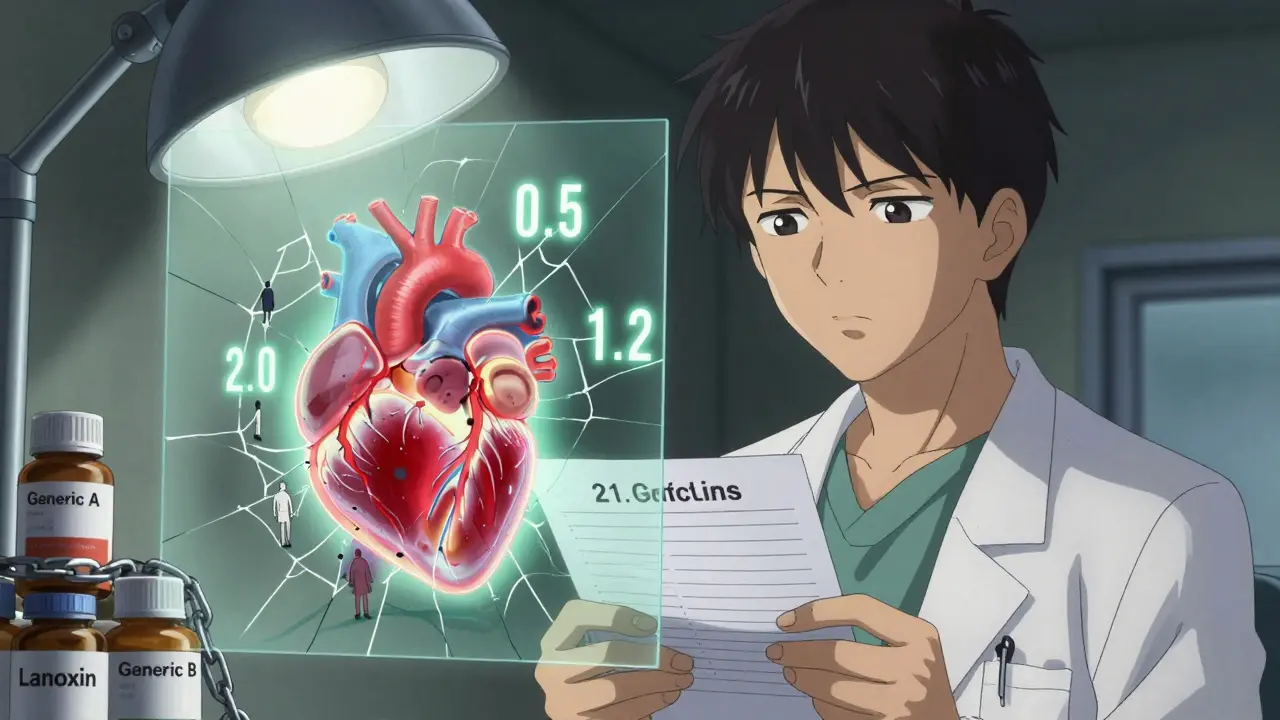 Doctor holding blood report with heart overlay showing therapeutic and toxic digoxin levels, broken glass barrier between zones.